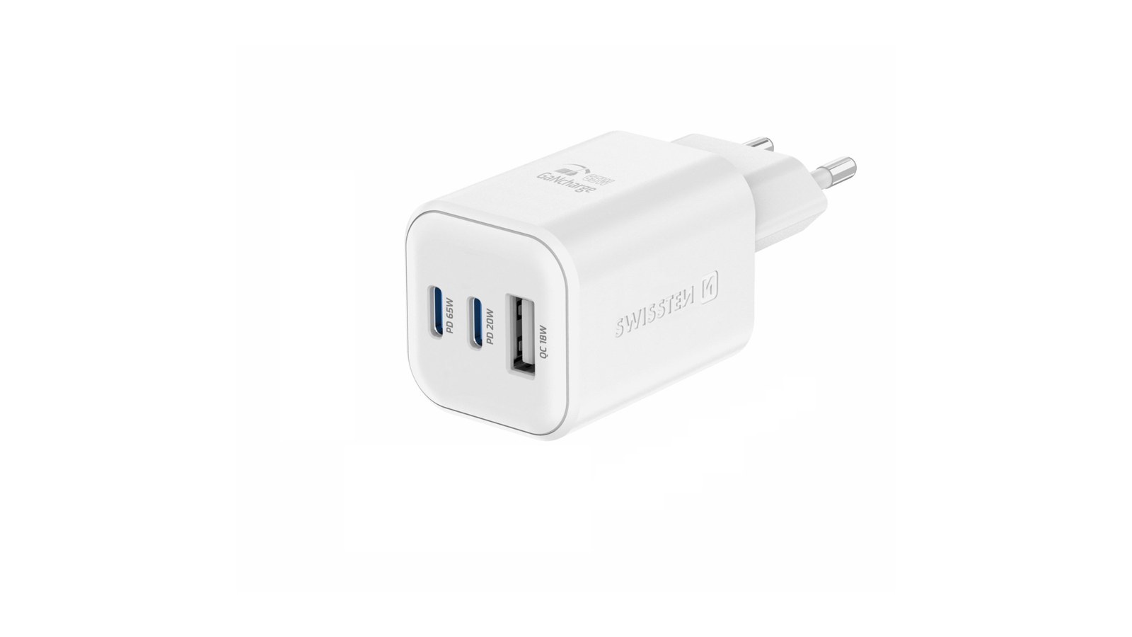 Swissten síťový adaptér GaN 2x USB-C 65W PD + 1x USB-A 18W QC bílý