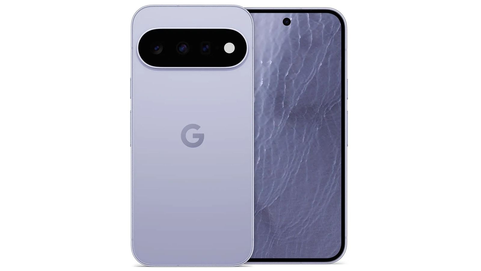 Smartphone Google Pixel 9 Pro zobrazený zepředu a zezadu, levandulová barva, bílé pozadí