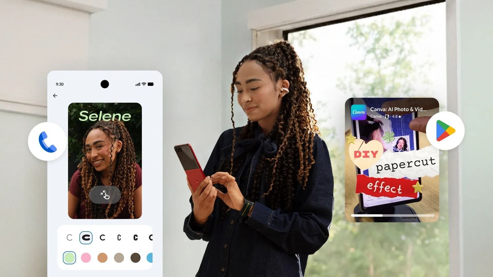 Žena drží červený skládací telefon s obrazovkou úpravy barev kontaktu v Androidu a kartou aplikace z Google Play