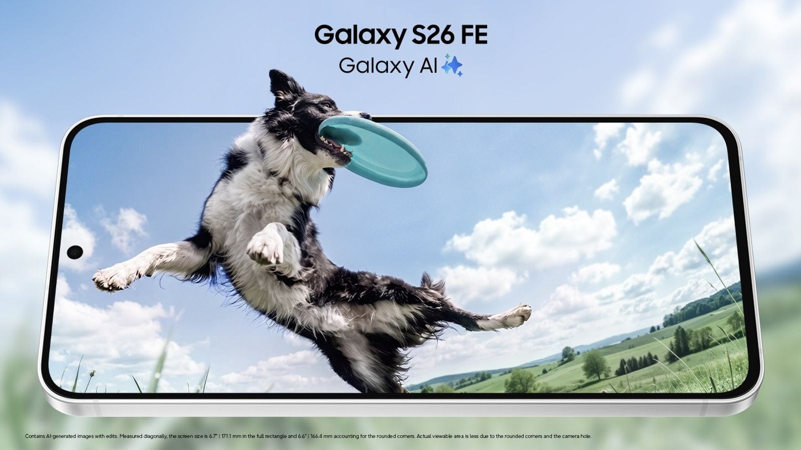 Galaxy S26 FE zepředu, na displeji pes chytající frisbee, propagace 6,7' obrazovky