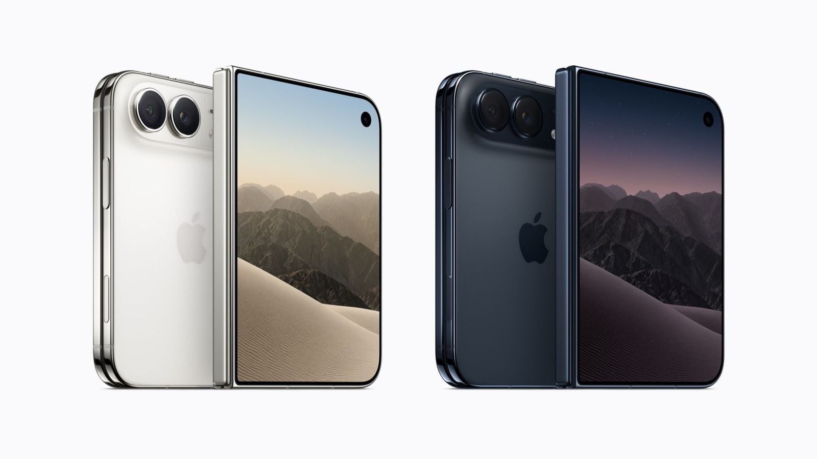 Čtyři iPhone Duo zepředu i zezadu v barvách hvězdná bílá a noční obloha