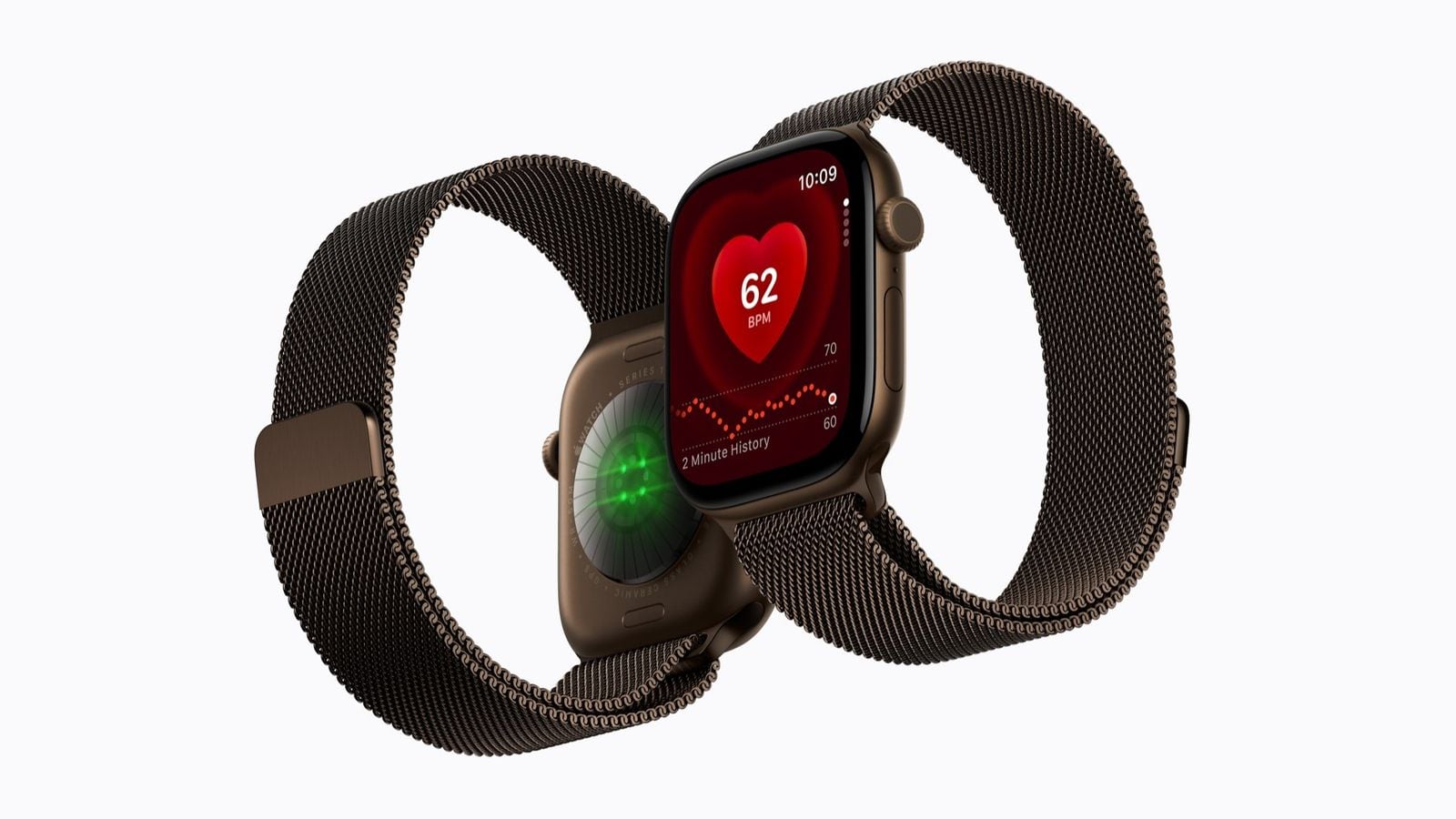 Dva Apple Watch Series 12 vedle sebe, jeden zobrazuje senzory vzadu, druhý aplikaci Srdeční frekvence