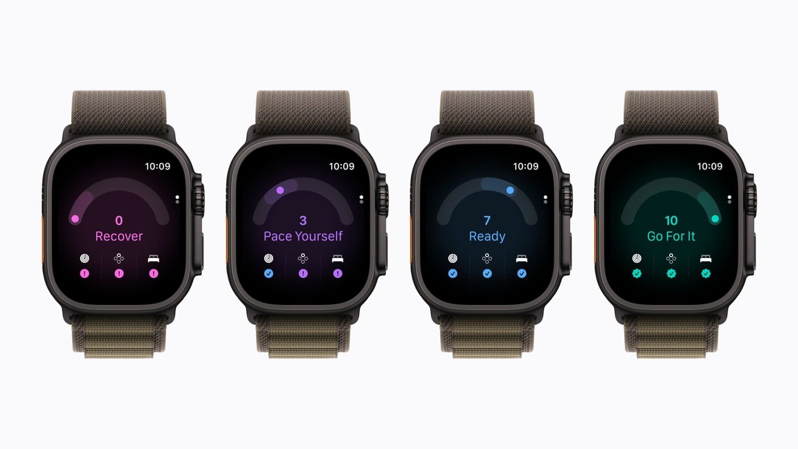 Čtyři Apple Watch Ultra 4 zobrazují aplikaci Readiness se stavy Recover, Pace Yourself, Ready a Go For It