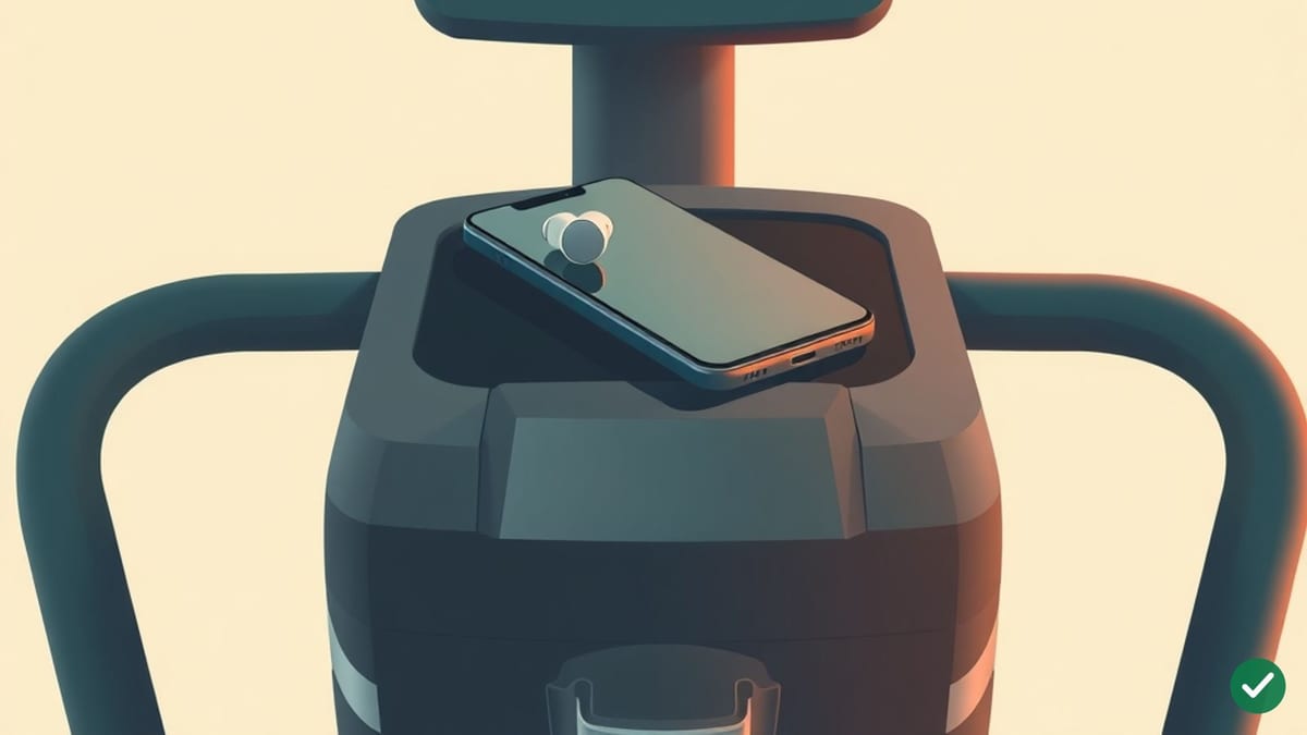 Bezdrátová sluchátka a telefon položené na ovládacím panelu fitness trenažéru