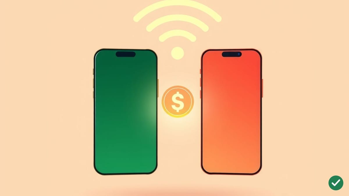 Ilustrace dvou propojených smartphonů s malým mincovým symbolem poplatku mezi nimi