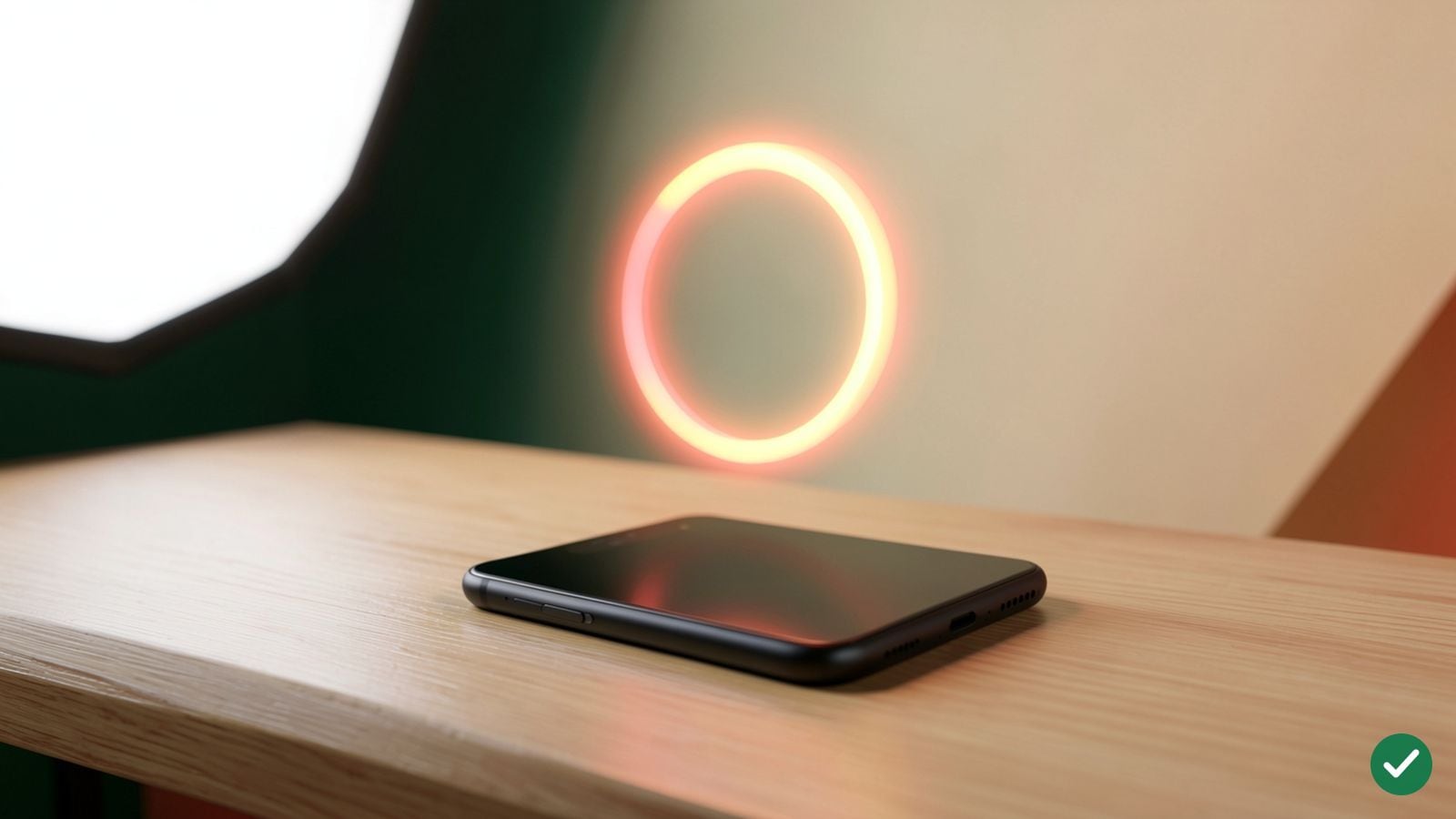 Smartphone na stole s abstraktním svítícím kruhovým ukazatelem nad displejem, symbolizujícím zaplnění úložiště