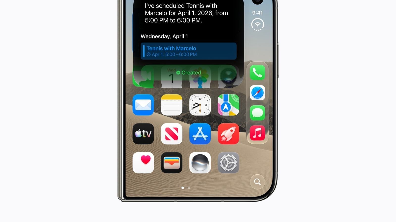 Siri AI využívá aplikace uživatele iPhone Duo k vytvoření události v Kalendáři pro tenisový zápas