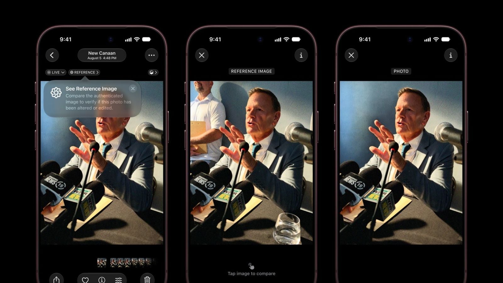 Tři iPhone 18 Pro zobrazují Apple Reference Image porovnávající původní fotografii s upravenou verzí