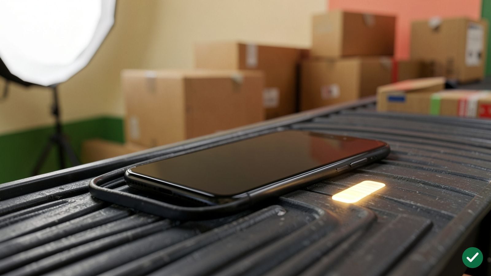 Smartphone na dopravníkovém pásu vedle symbolu vybíjející se baterie