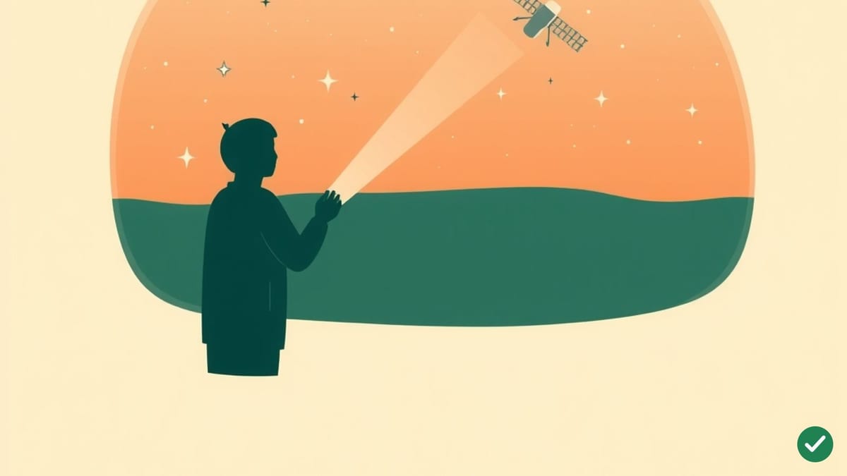 Ilustrace smartphonu vysílajícího slabý paprsek signálu k satelitu na noční obloze