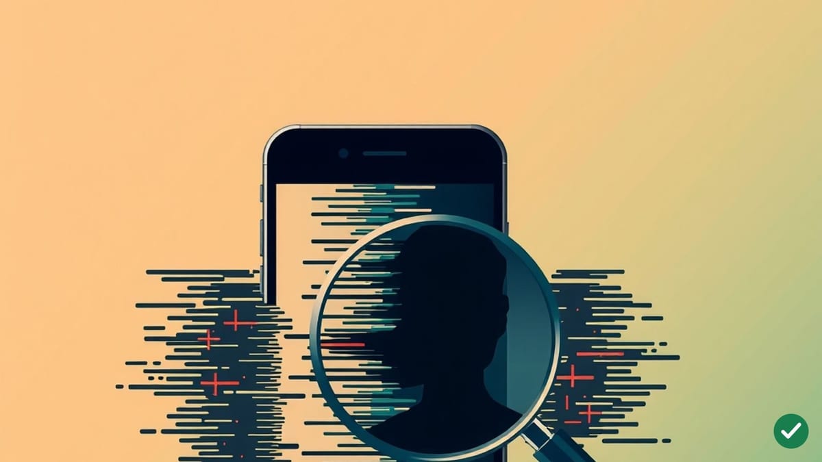 Ilustrace smartphonu zahaleného digitálním šumem, nad kterým se vznáší lupa