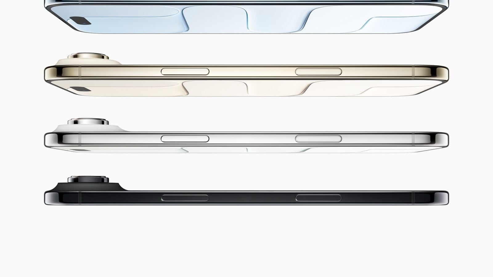 iPhone Air is shown from the side in sky blue, light gold, cloud white, and space black.