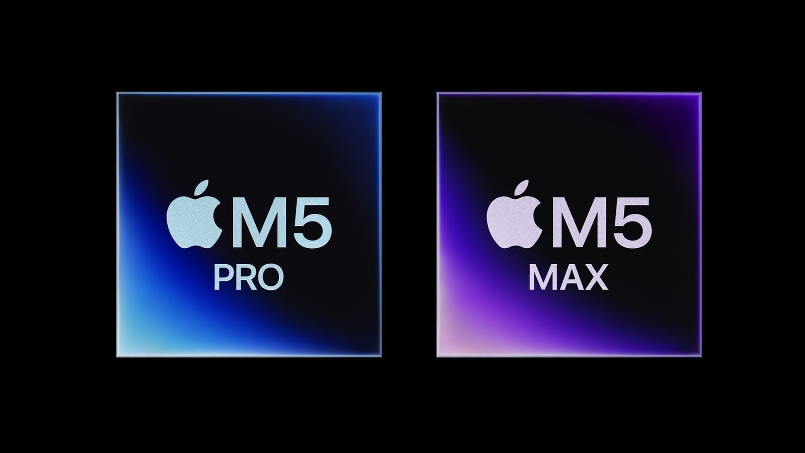 A graphic representation of Apple’s M5 Pro and M5 Max against a black background.