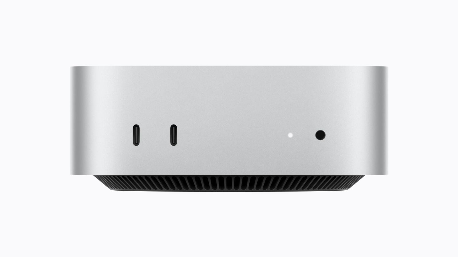 Přední strana Mac mini se dvěma porty USB-C podporujícími USB 3 a konektorem na sluchátka