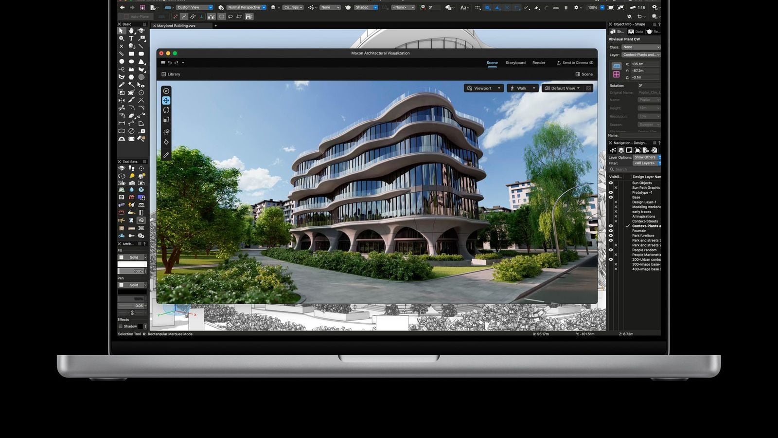 MacBook Pro zobrazuje vizualizaci budovy ve Vectorworks.