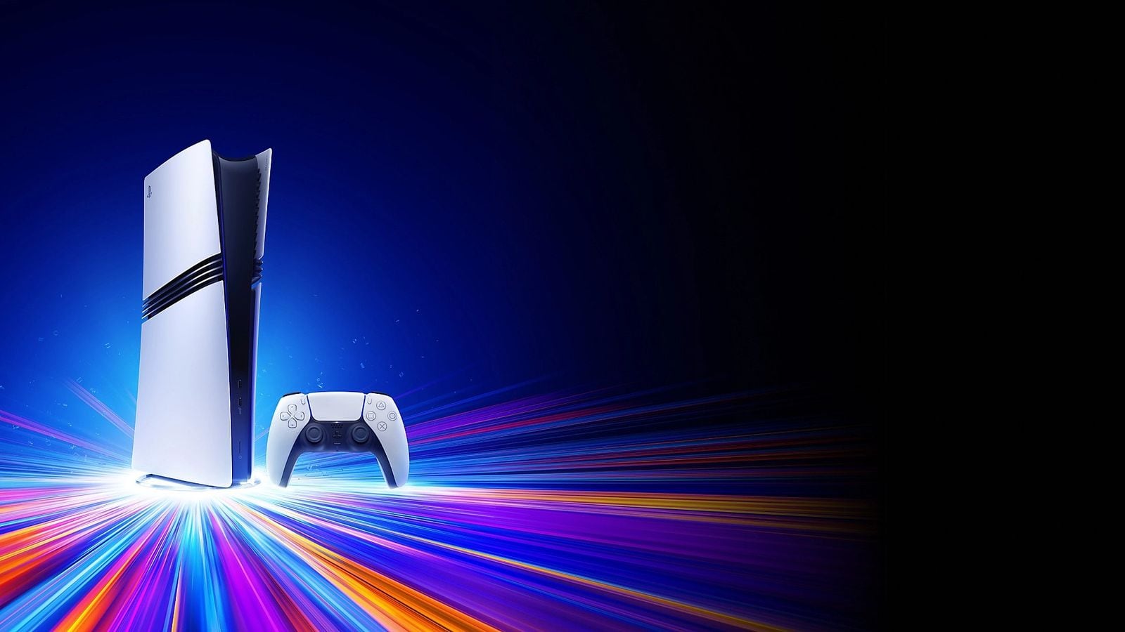 PS5 Slim konzole s bílým DualSense ovladačem, dynamické modré pozadí s barevnými světelnými pruhy
