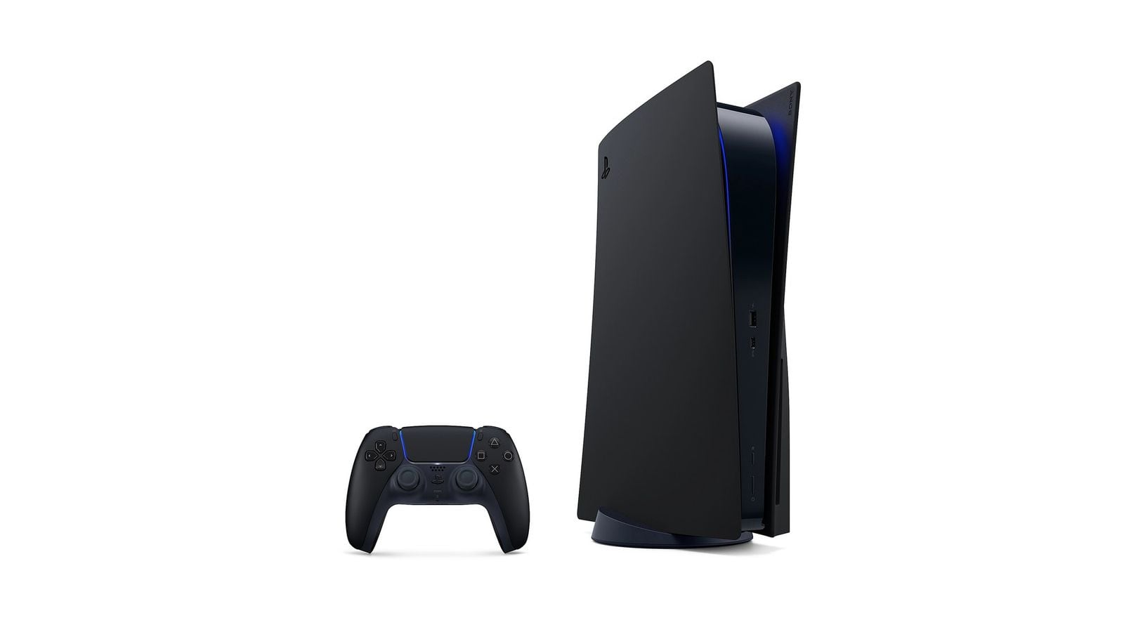 PS5 konzole s černými bočními kryty a černým DualSense ovladačem