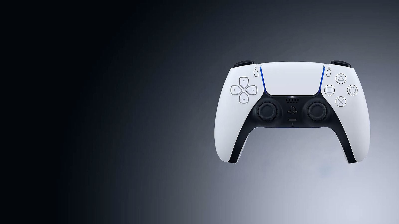 Ovladač DualSense pro PS5, bílý, plovoucí pohled zepředu na tmavém přechodovém pozadí