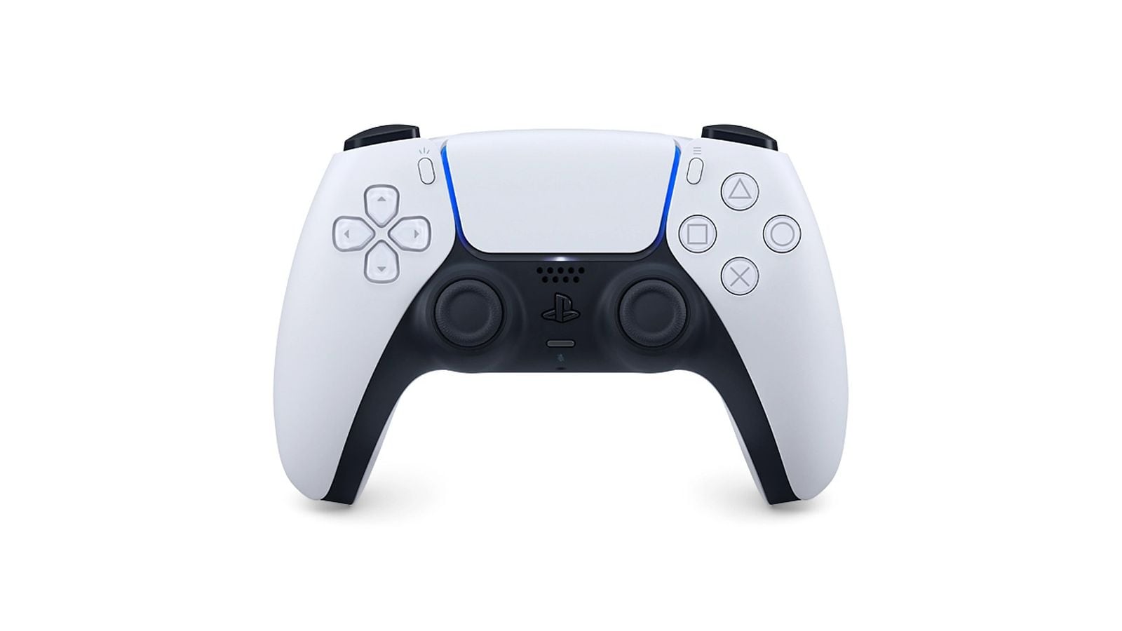Standardní bílý bezdrátový ovladač DualSense pro PS5, pohled zepředu na bílém pozadí