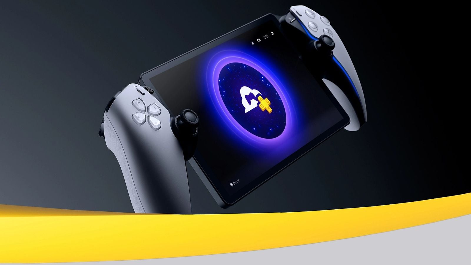 PlayStation Portal s ovládacími úchopy ve stylu DualSense, na displeji ikona PS Plus