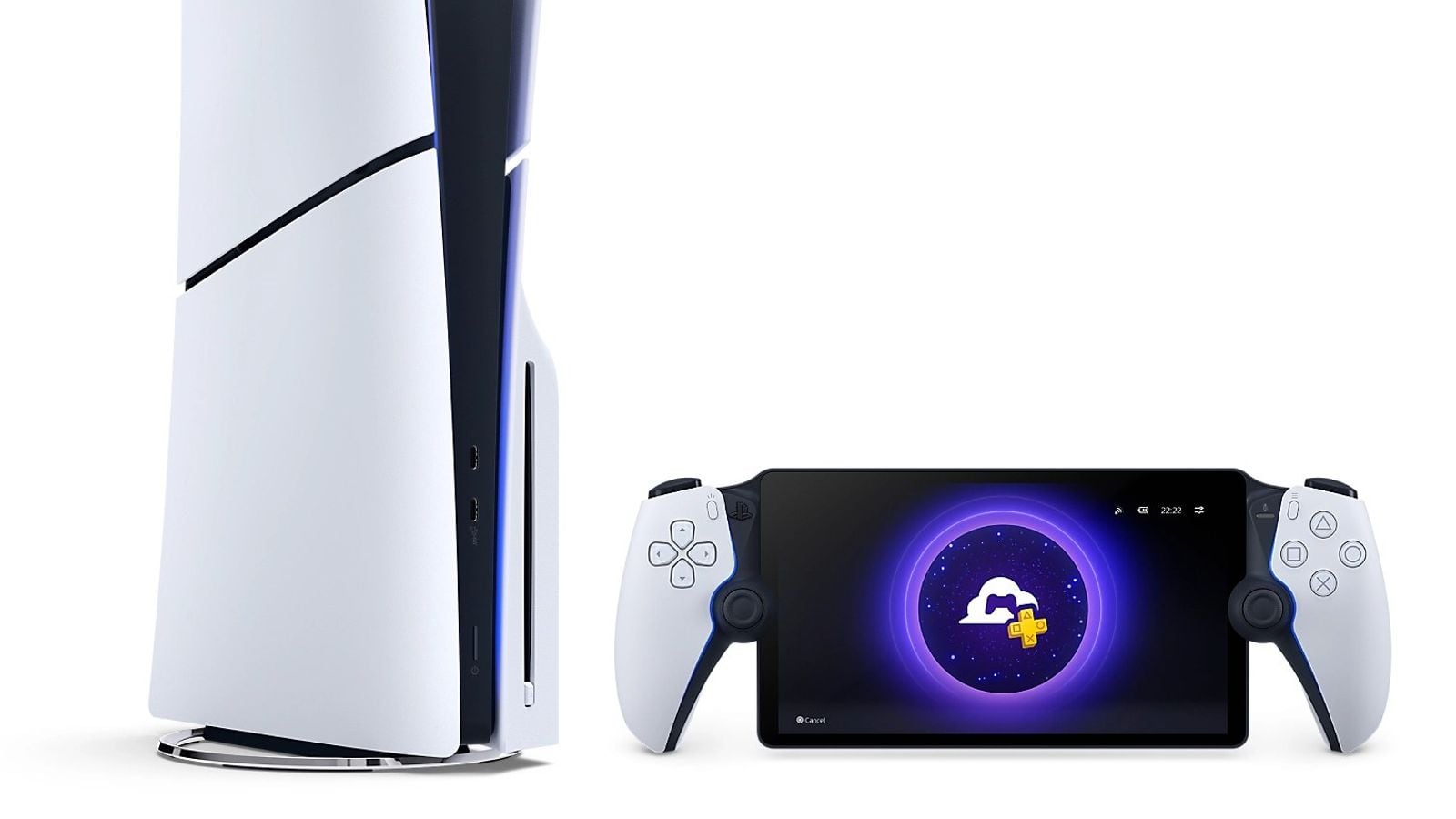 PS5 Slim konzole a PlayStation Portal se zobrazenou ikonou PS Plus cloud
