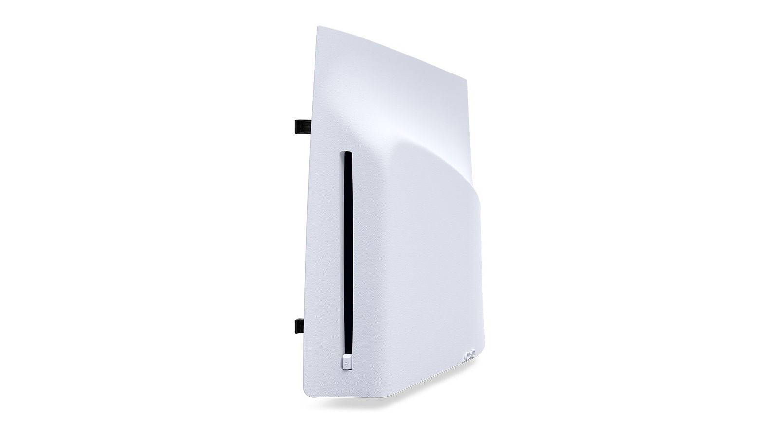 PS5 Slim konzole z bočního profilu, bílé tělo, viditelná mechanika na disky, bílé pozadí