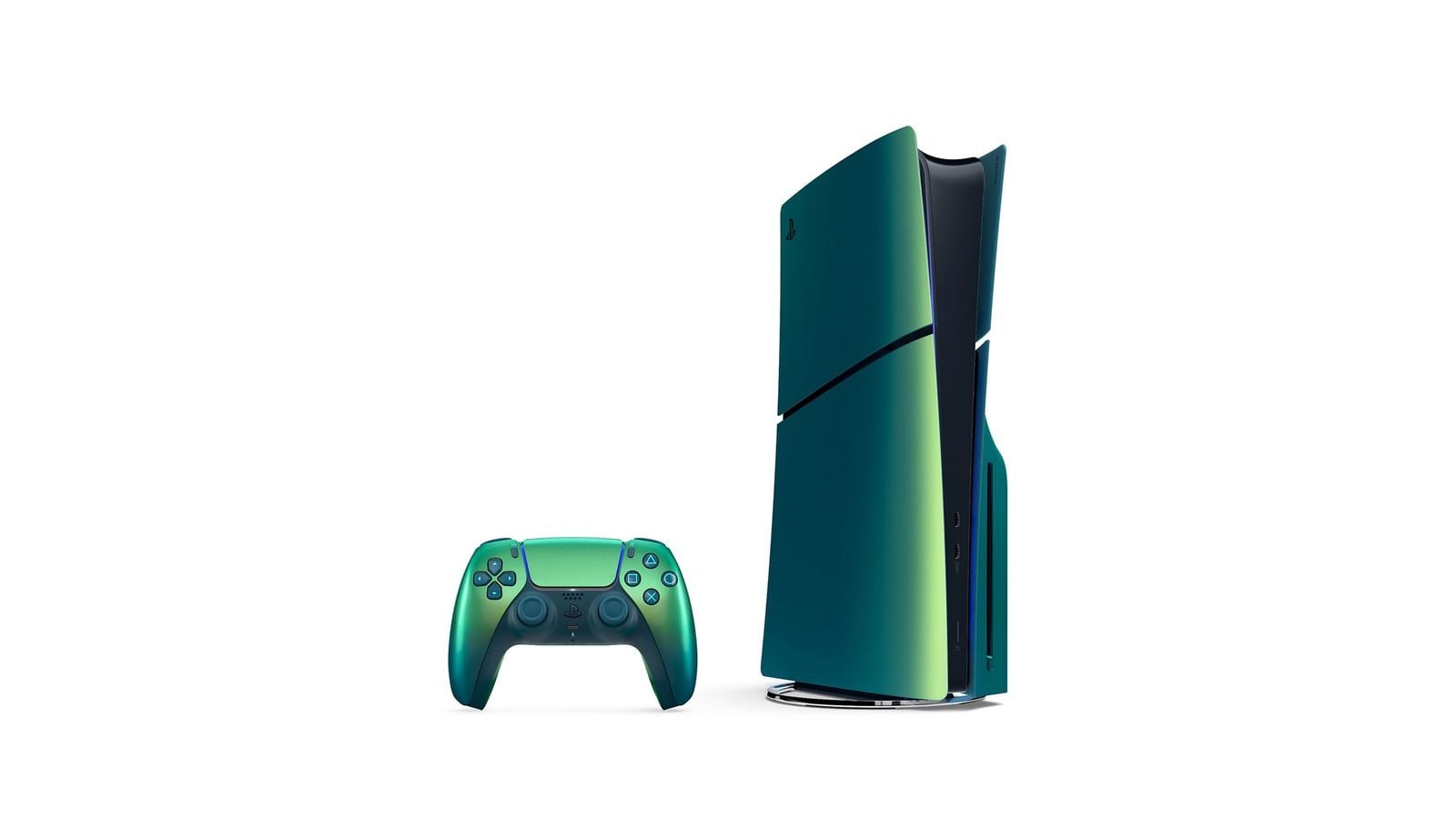 PS5 Slim konzole v tyrkysově zeleném provedení s ovladačem DualSense stejné barvy