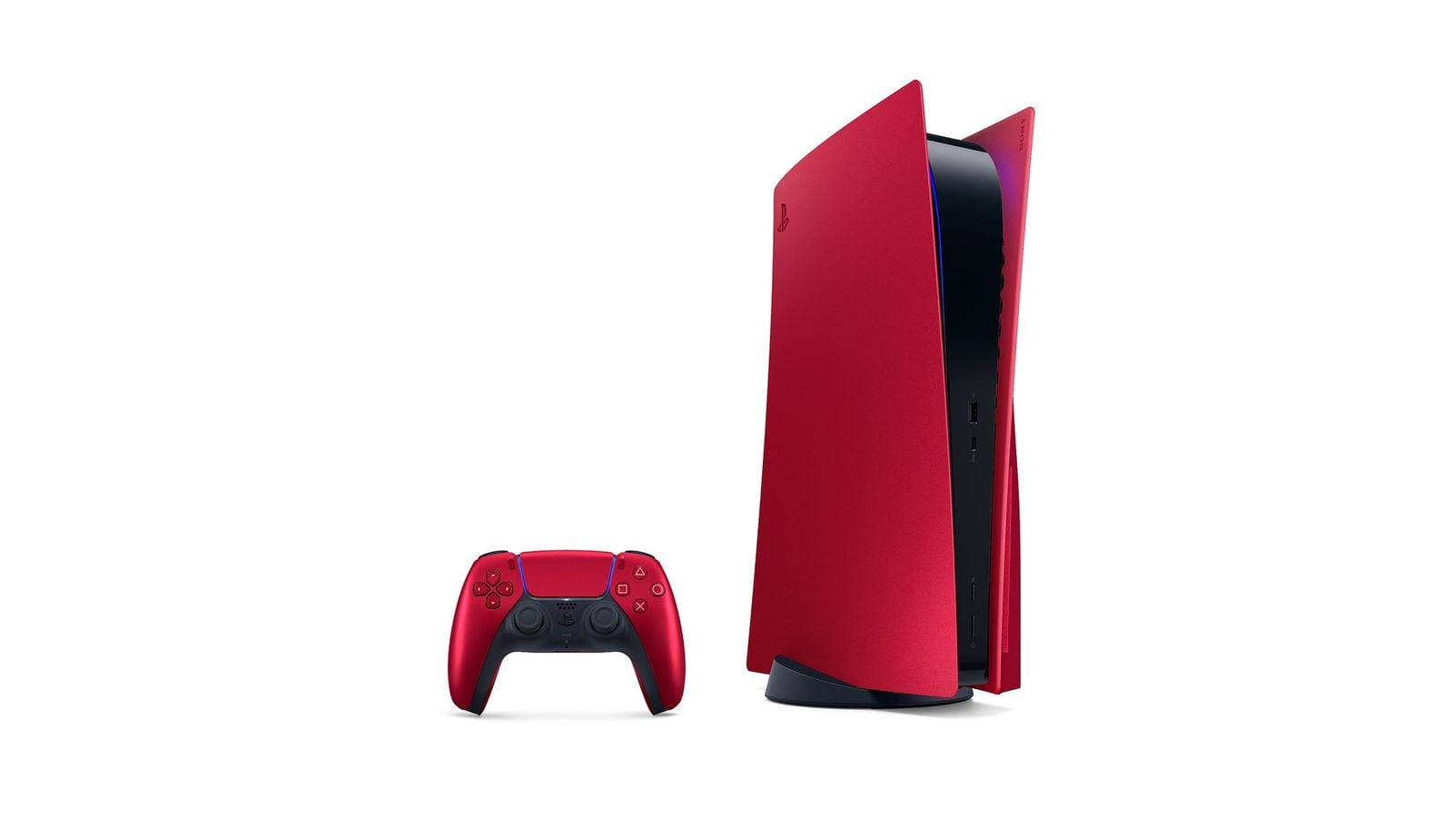 Červená PS5 Slim konzole s ovladačem DualSense stejné barvy