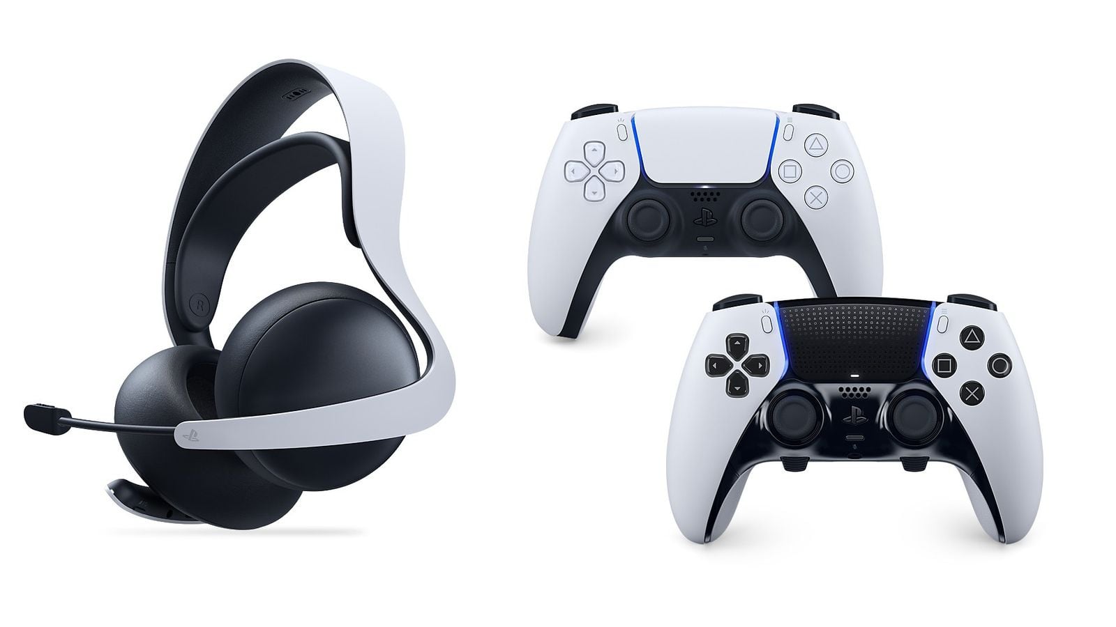 Bezdrátový headset se dvěma bílými DualSense ovladači