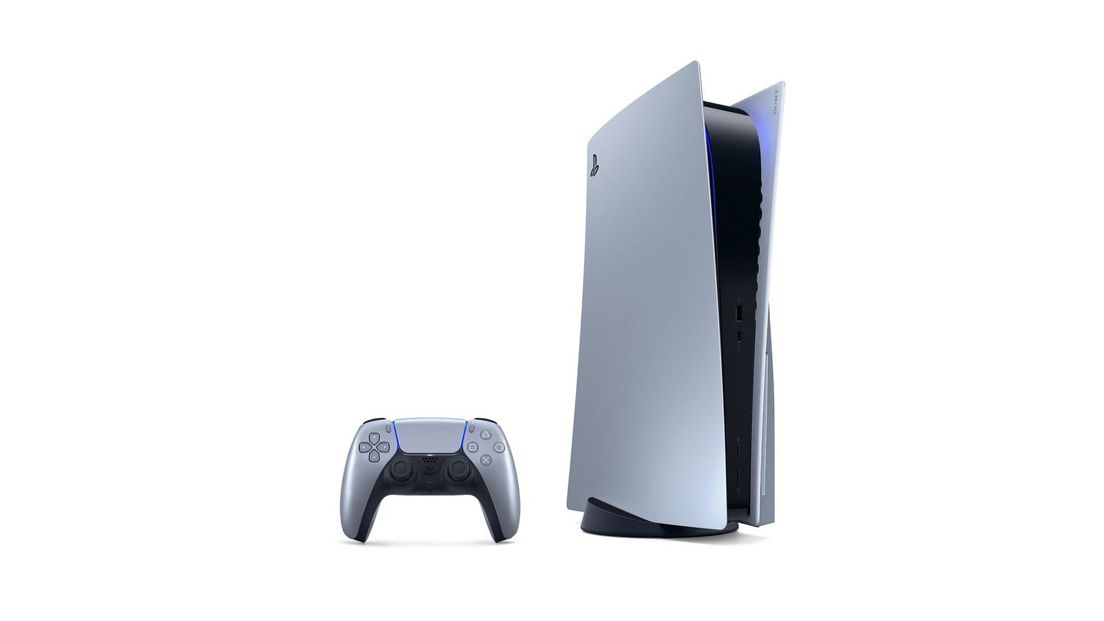 Stříbrná PS5 Slim konzole s ovladačem DualSense stejné barvy