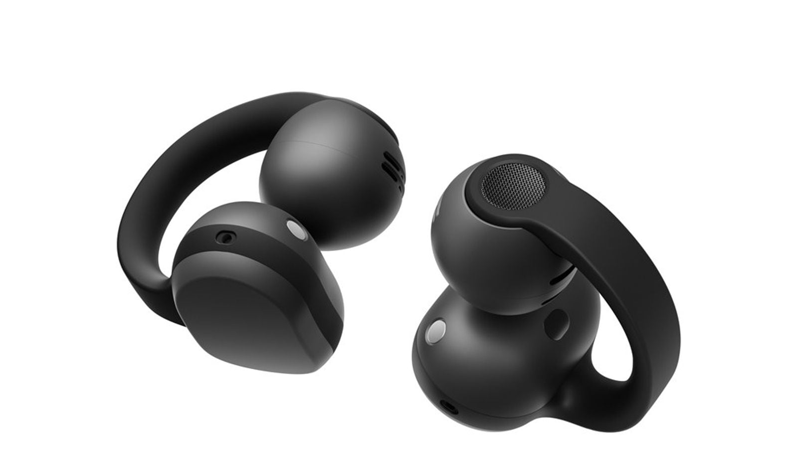 Pár černých klipových sluchátek Samsung Galaxy Buds On, pohled z boku na bílém pozadí